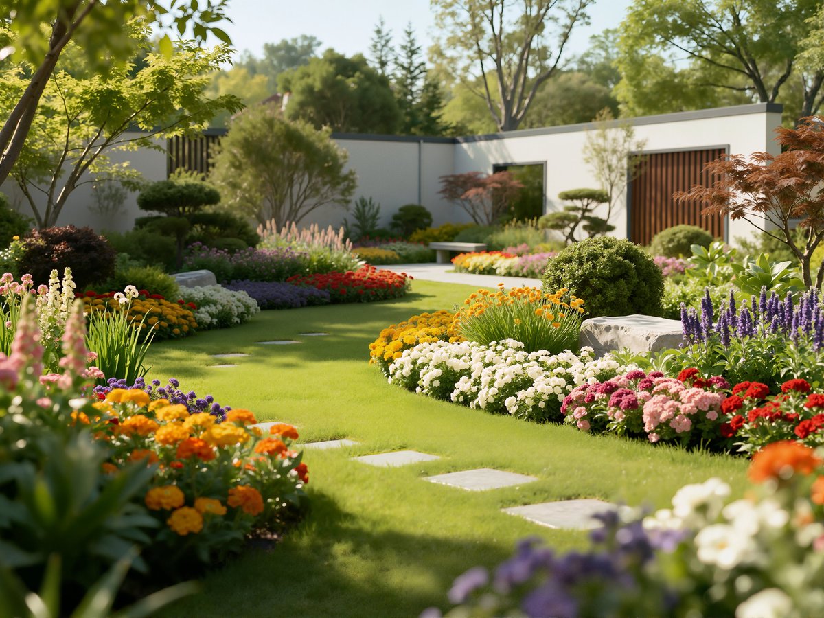Contemporary garden with stepping stones and flowering beds